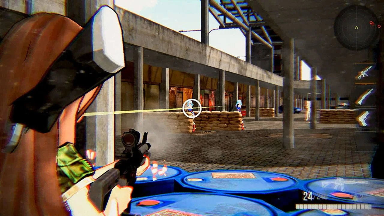 アニメ調のキャラクターがライフルを構え、倉庫のような場所で敵と交戦しているゲーム画面