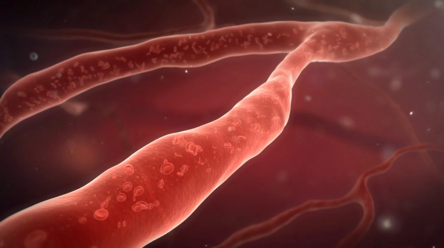 赤色の血管の中を、多数の赤血球のような粒子が流れている様子を描いたイラストレーション。