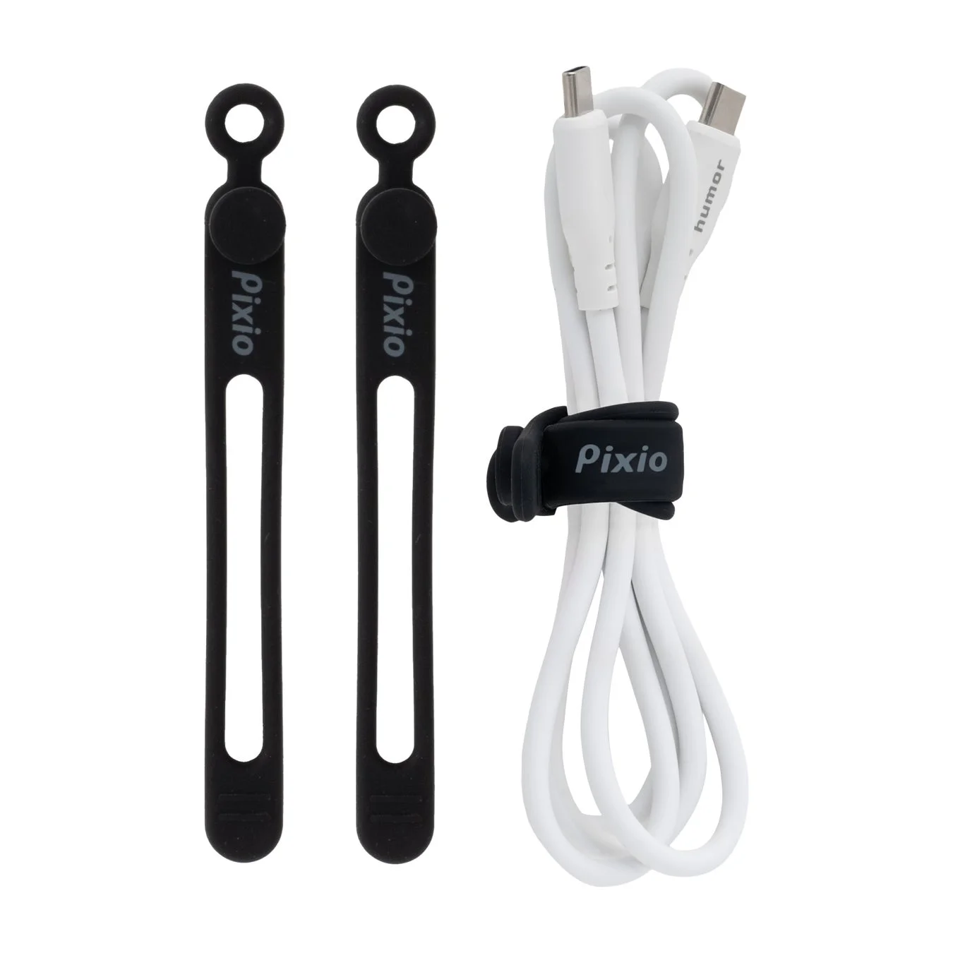 白いUSB-Cケーブルをまとめる黒いシリコン製ケーブルタイと、未使用の同製品2本