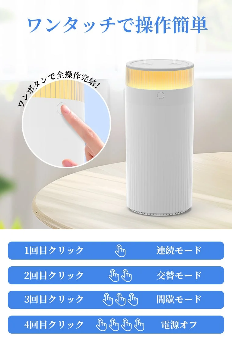 白い円筒形の加湿器またはアロマディフューザーの操作方法を示す画像です。ワンタッチで簡単に操作でき、クリック回数に応じて連続、交替、間歇モードの切り替えや電源オフが可能です。上部が光るシンプルなデザインが特徴です。