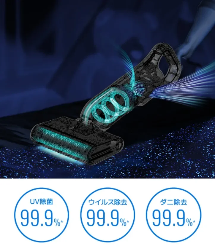 UV除菌、ウイルス除去、ダニ除去に99.9%の効果があることを示す、先進的な掃除機の広告画像