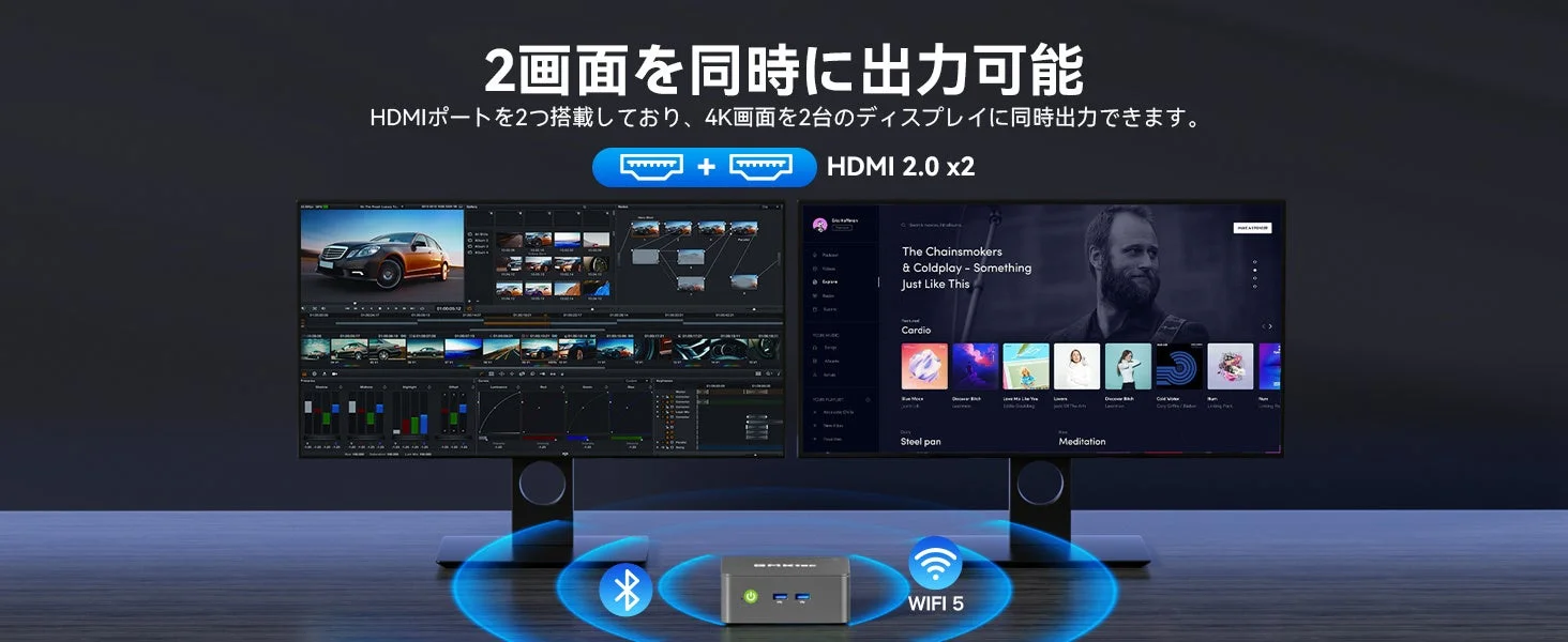 ミニPCが2台のモニターに同時に4K映像を出力している様子