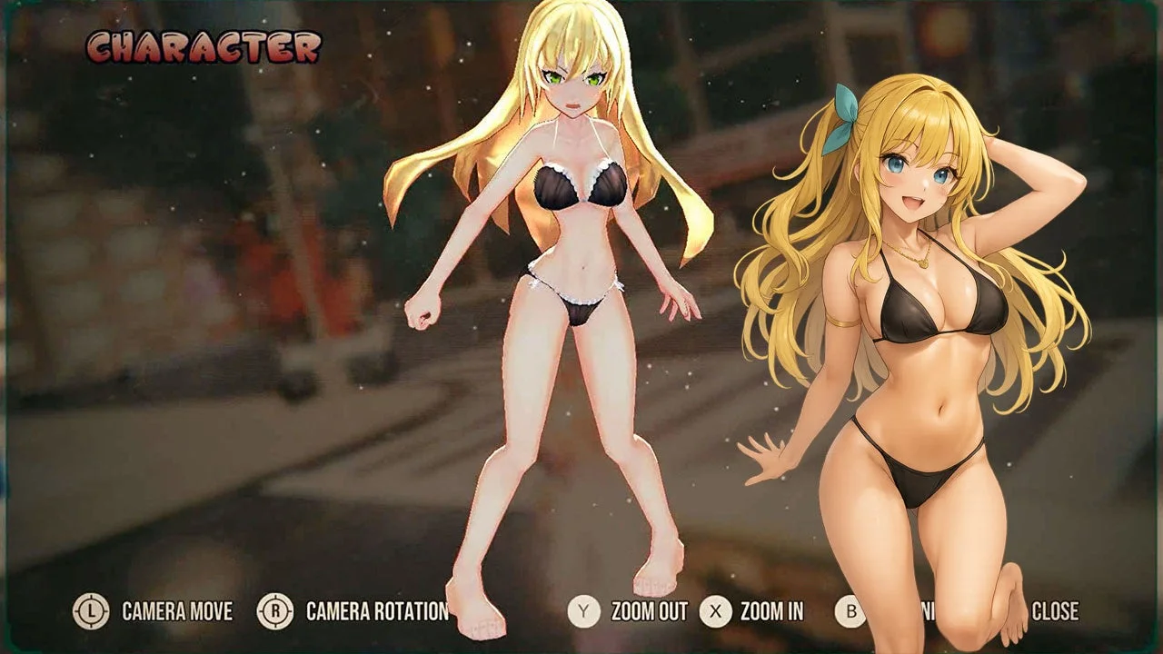 ゲームのキャラクターカスタマイズ画面で、金髪の女性キャラクターが2人、それぞれ異なる黒いビキニ姿で表示されています