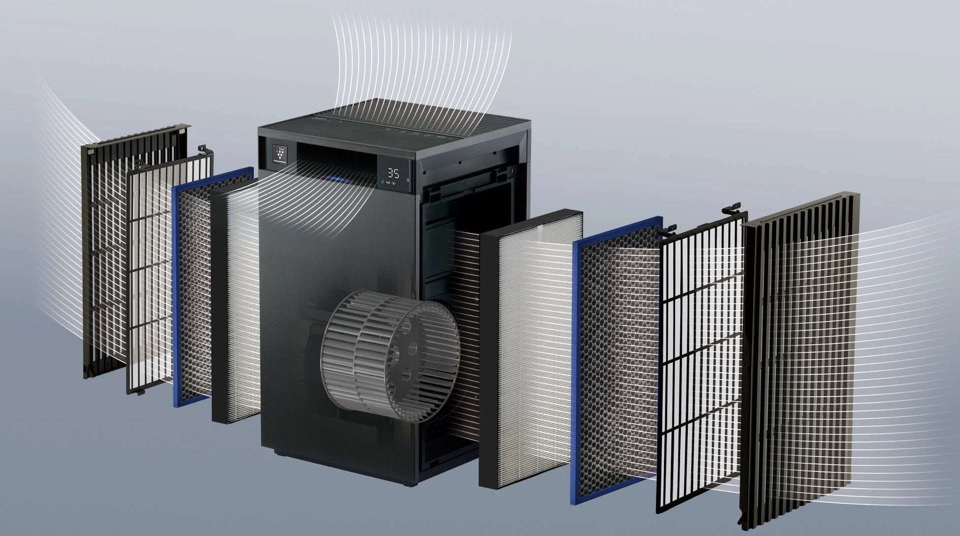 空気清浄機の内部構造を示す分解図