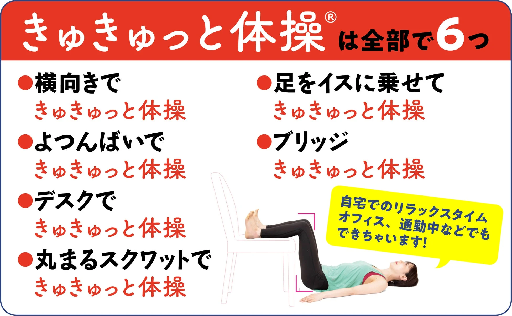 きゅきゅっと体操®は全部で6つ。横向きできゅきゅっと体操、よつんばいで きゅきゅっと体操、デスクで きゅきゅっと体操、丸まるスクワットで きゅきゅっと体操、足をイスに乗せて きゅきゅっと体操、ブリッジ きゅきゅっと体操。自宅でのリラックスタイム、オフィス、通勤中などでもできちゃいます!