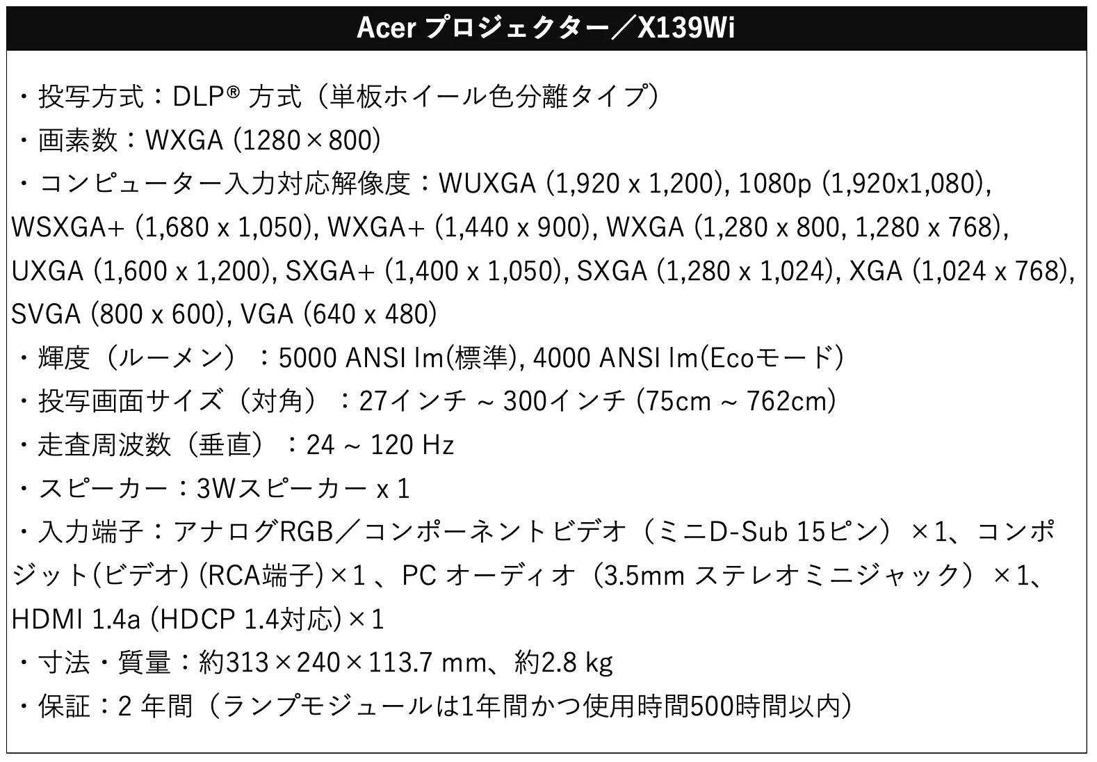 Acer X139Wiプロジェクターの仕様