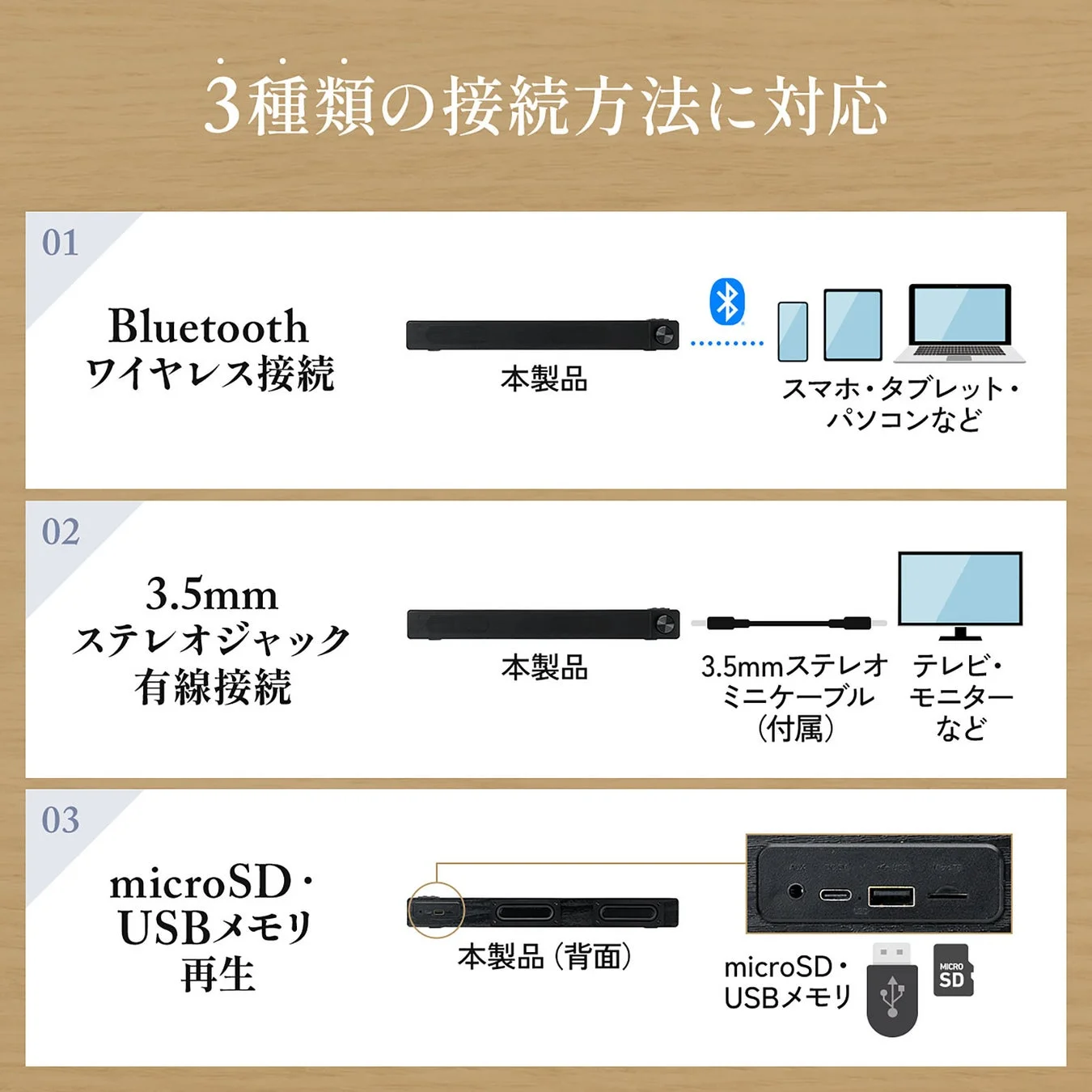 本製品の3種類の接続方法(Bluetoothワイヤレス、3.5mmステレオジャック有線、microSD/USBメモリ再生)を図解で説明しています