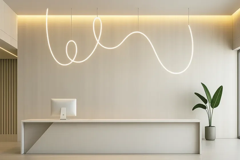 モダンインテリア,ミニマリスト,受付カウンター,曲線照明,観葉植物,オフィス空間,ベージュ,シンプル,デザイン照明,間接照明