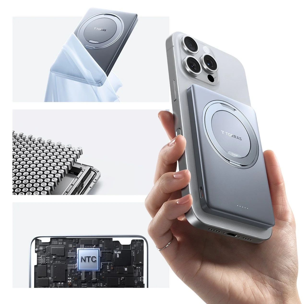 iPhoneの背面にマグネットで装着されたTORRAS製モバイルバッテリーの内部構造と安全機能