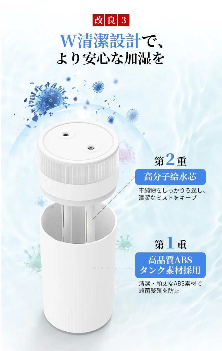 「W清潔設計」を採用した白い加湿器の製品説明画像です。高分子給水芯による不純物ろ過と、高品質ABSタンク素材による雑菌繁殖防止の二重構造で、より安心・清潔な加湿を実現することをアピールしています。