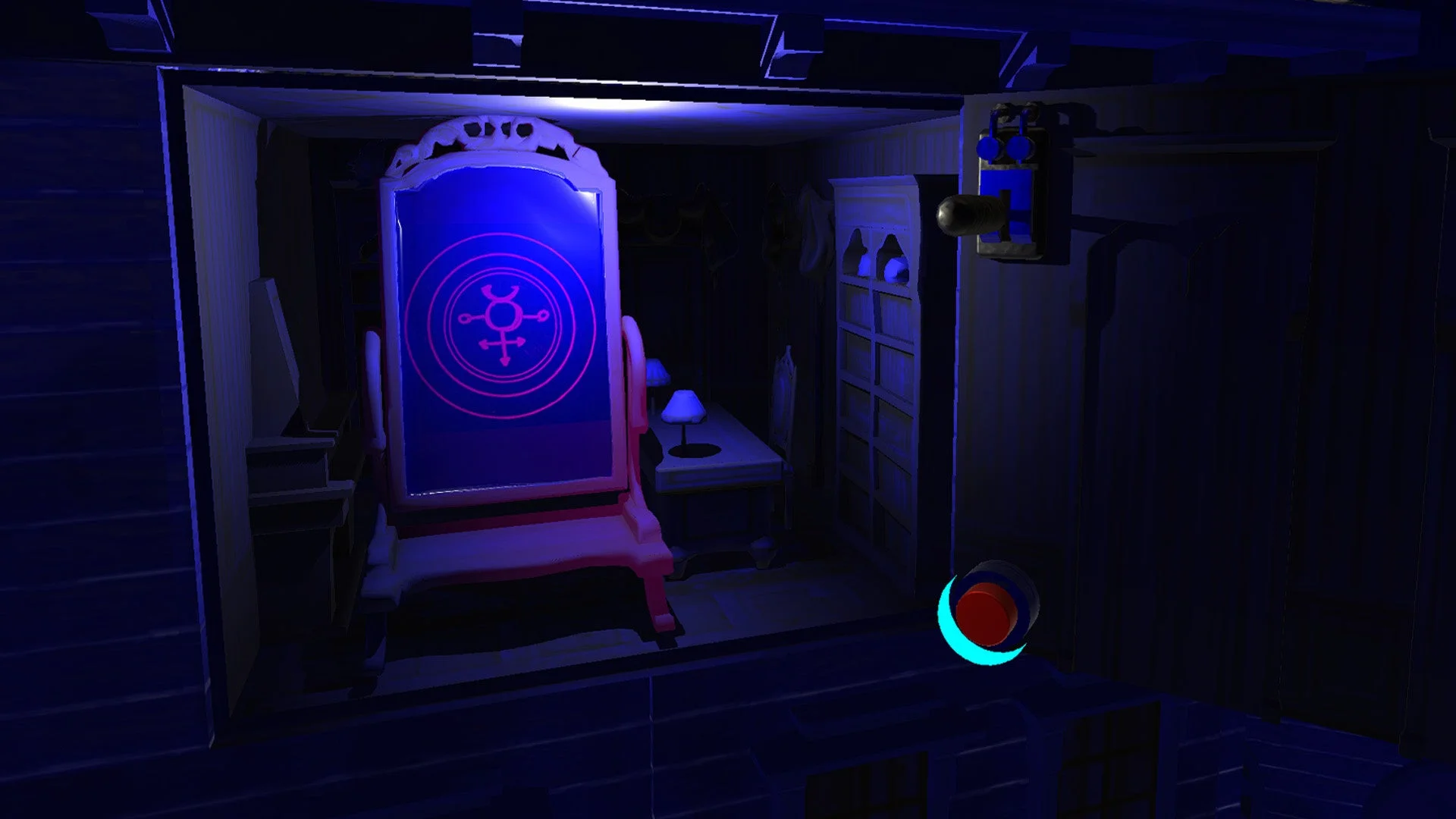 青い光に照らされた神秘的な鏡がある暗い部屋