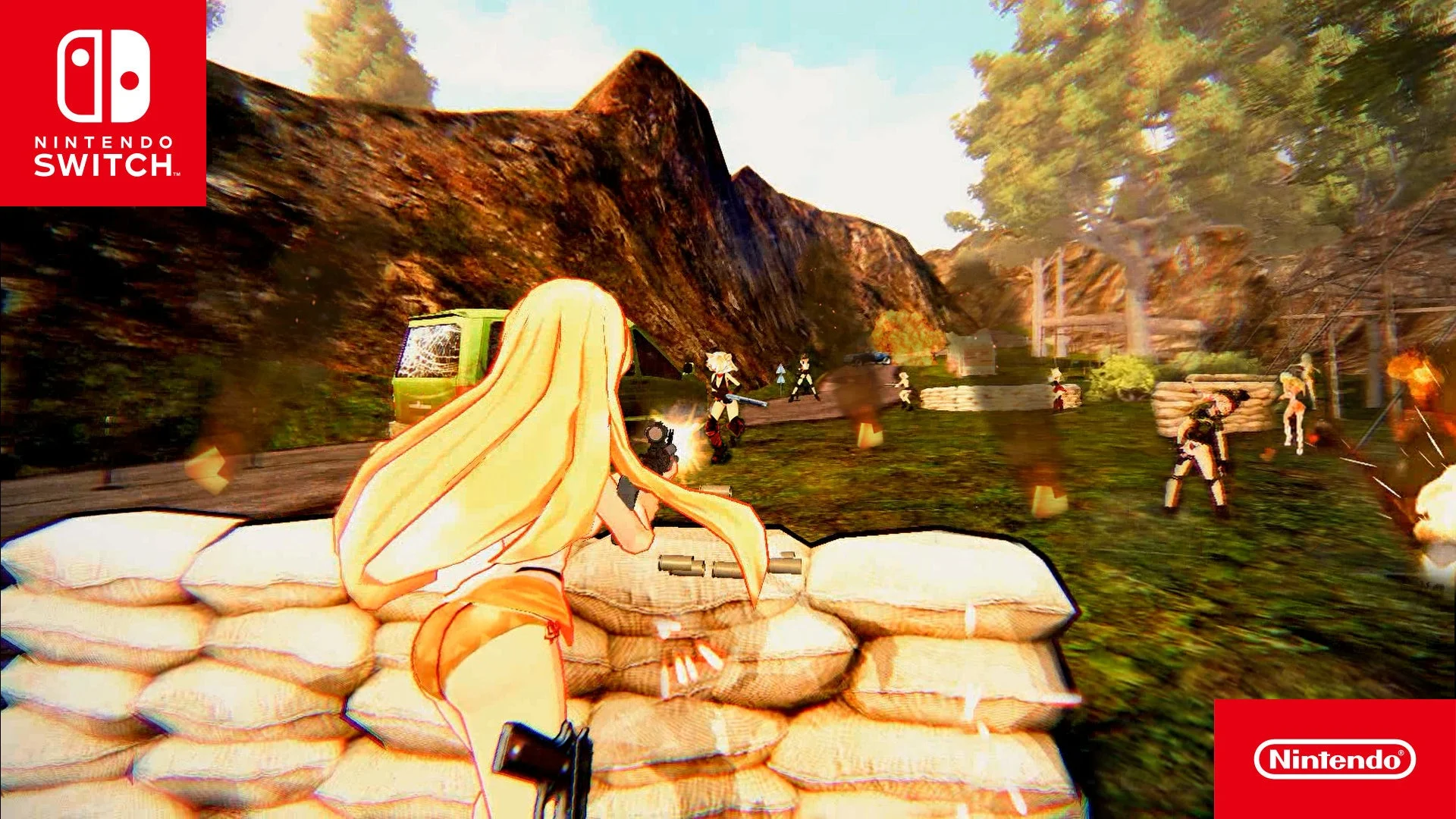 アニメ調の女性キャラクターが砂袋に身を隠し、銃を構えて戦うサードパーソンシューターゲーム