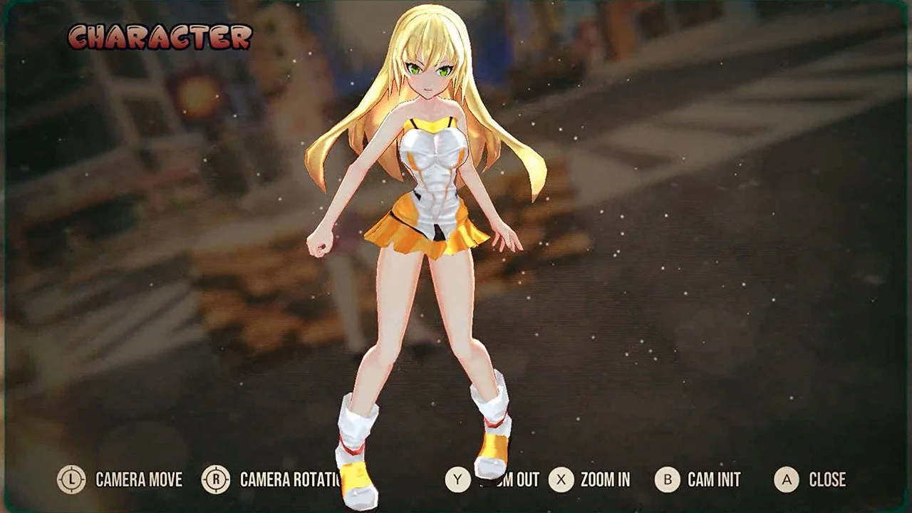 金髪で緑色の目をしたアニメ調の女性キャラクターが、白とオレンジ色の衣装をまとって立っている3Dモデルのゲーム画面