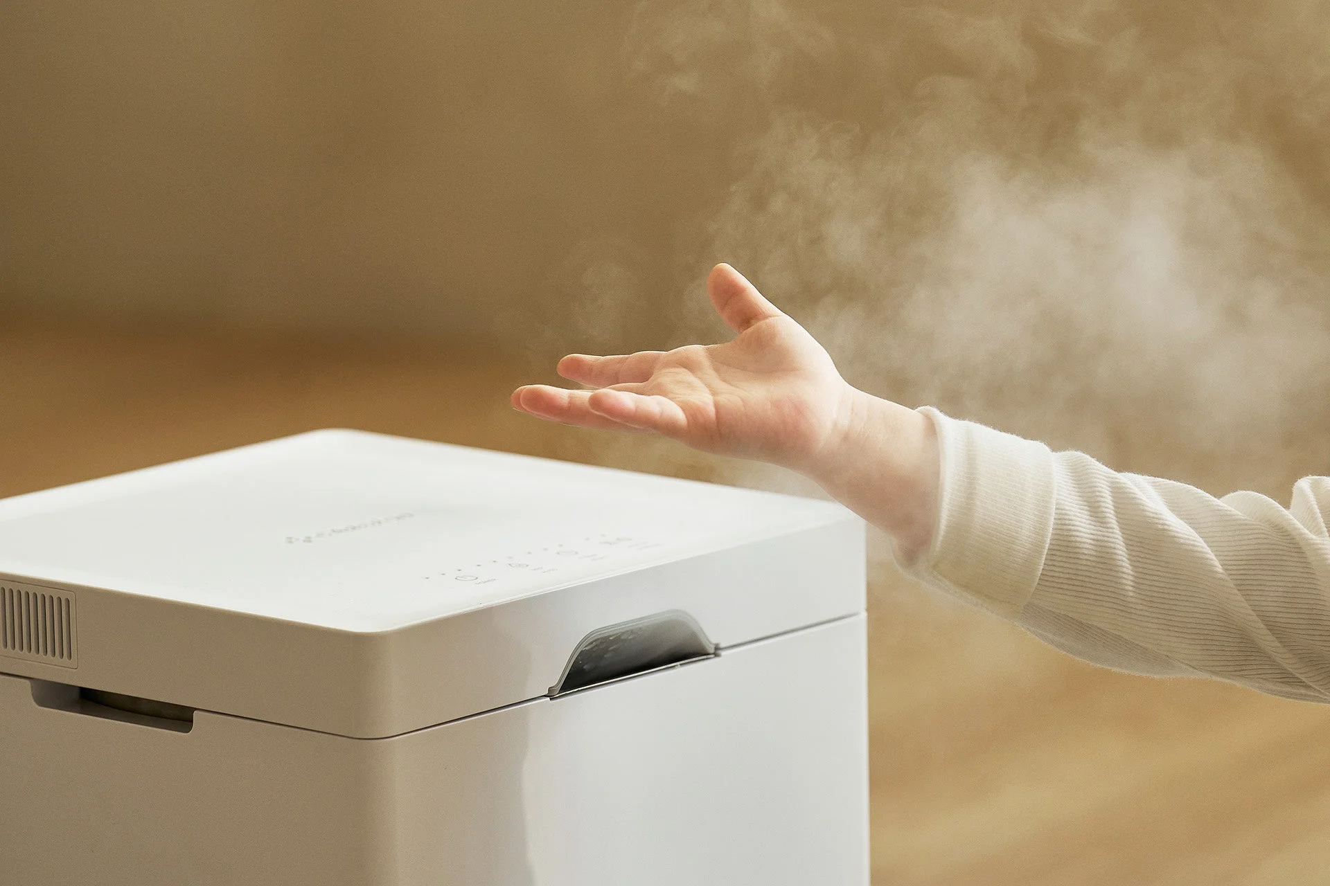 加湿器からミストが出て、手が触れている様子