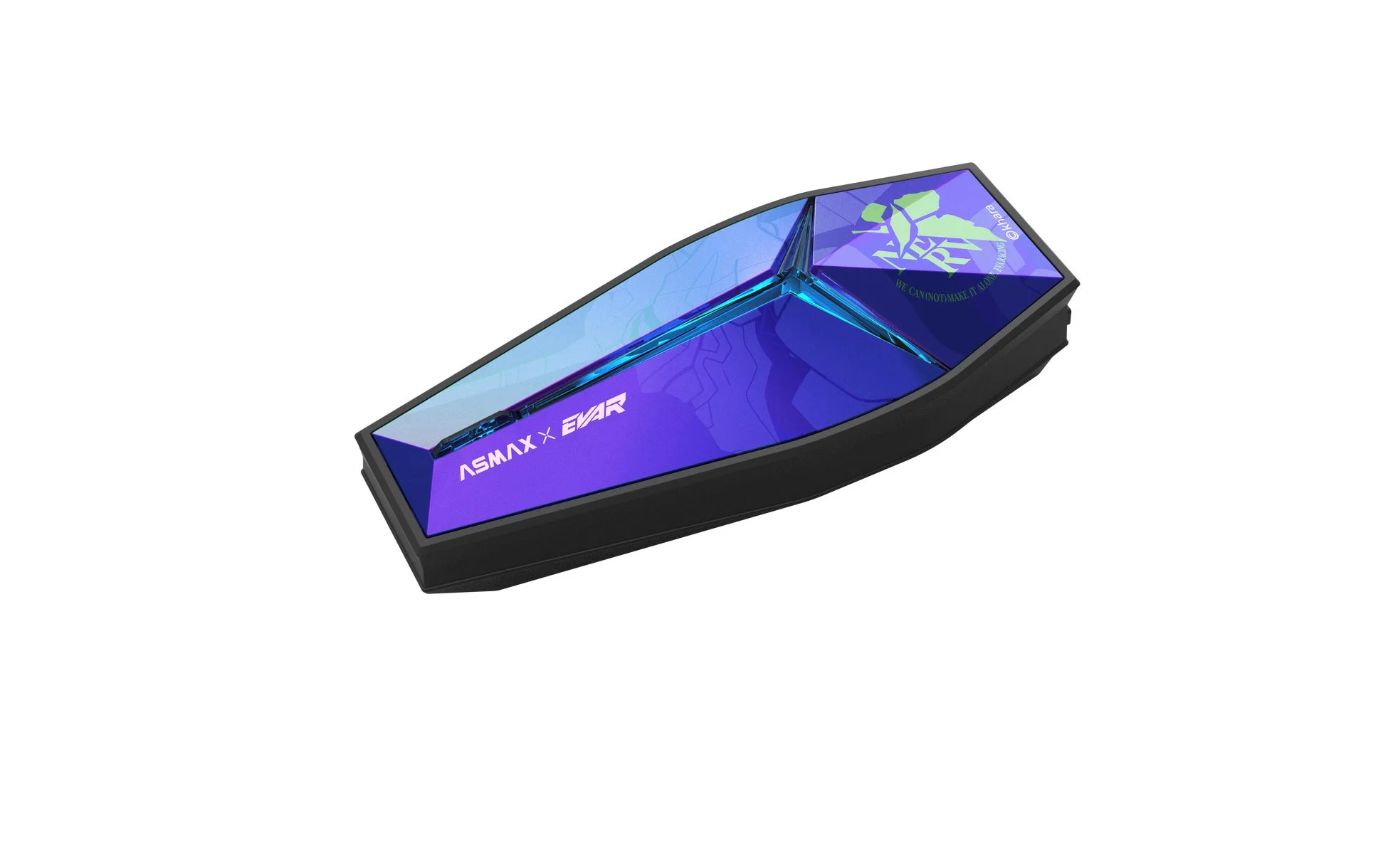 黒い棺桶型のケースで、上部は紫と青のグラデーションが施されています。「ASMAX X EVAR」のロゴとエヴァンゲリオンのNERVロゴが特徴的なコラボレーション製品です。