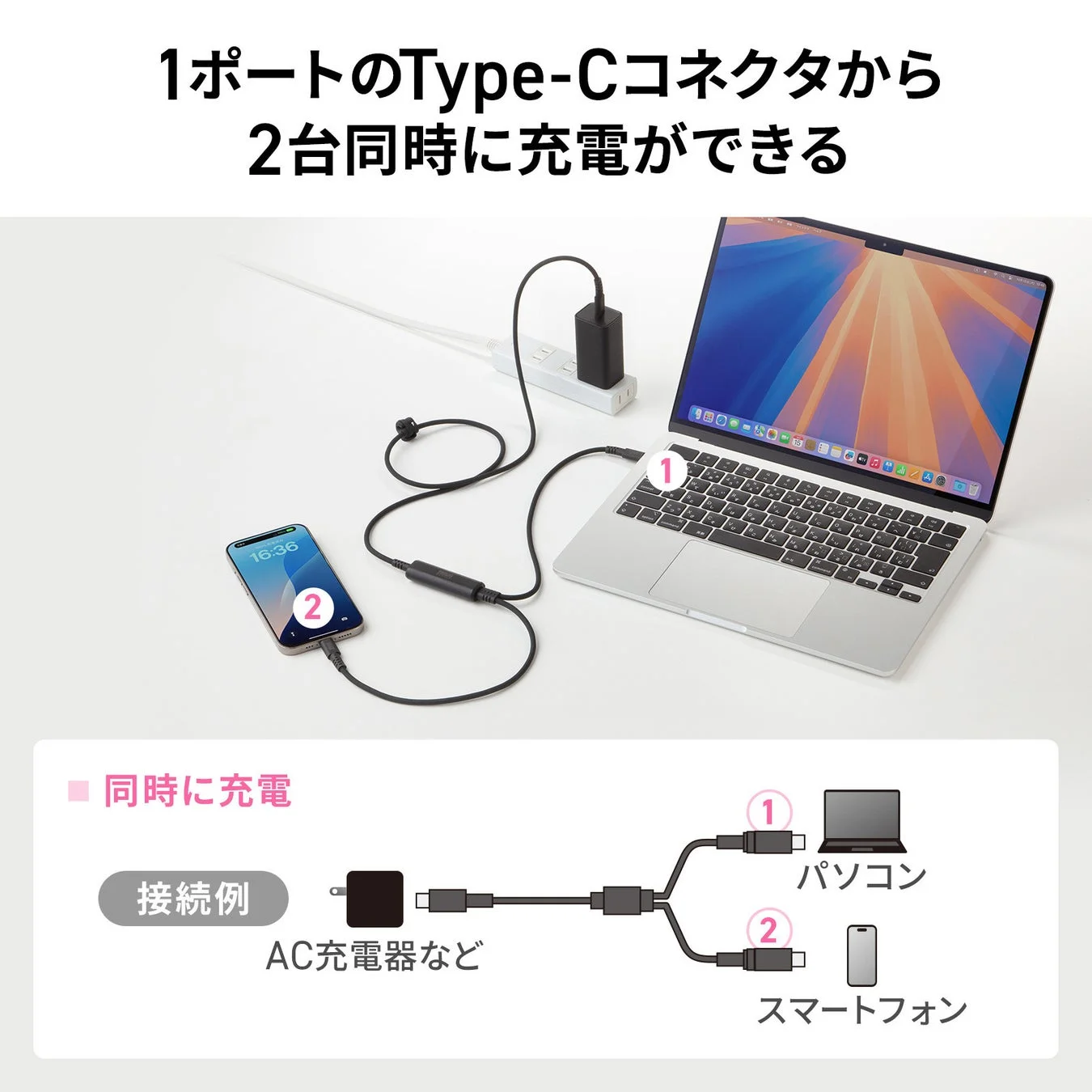 2台のデバイスを同時に充電する様子