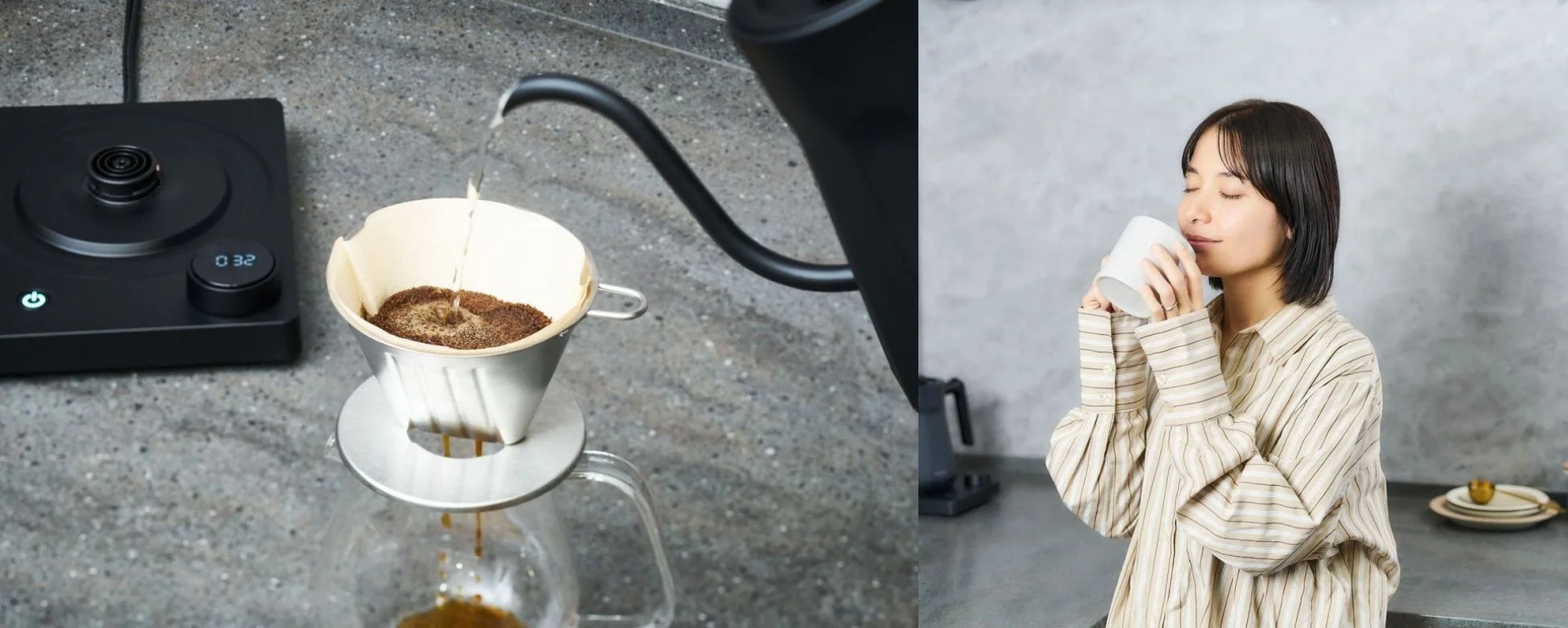 自宅でハンドドリップコーヒーを淹れる様子と、そのコーヒーを味わいリラックスする女性の姿。