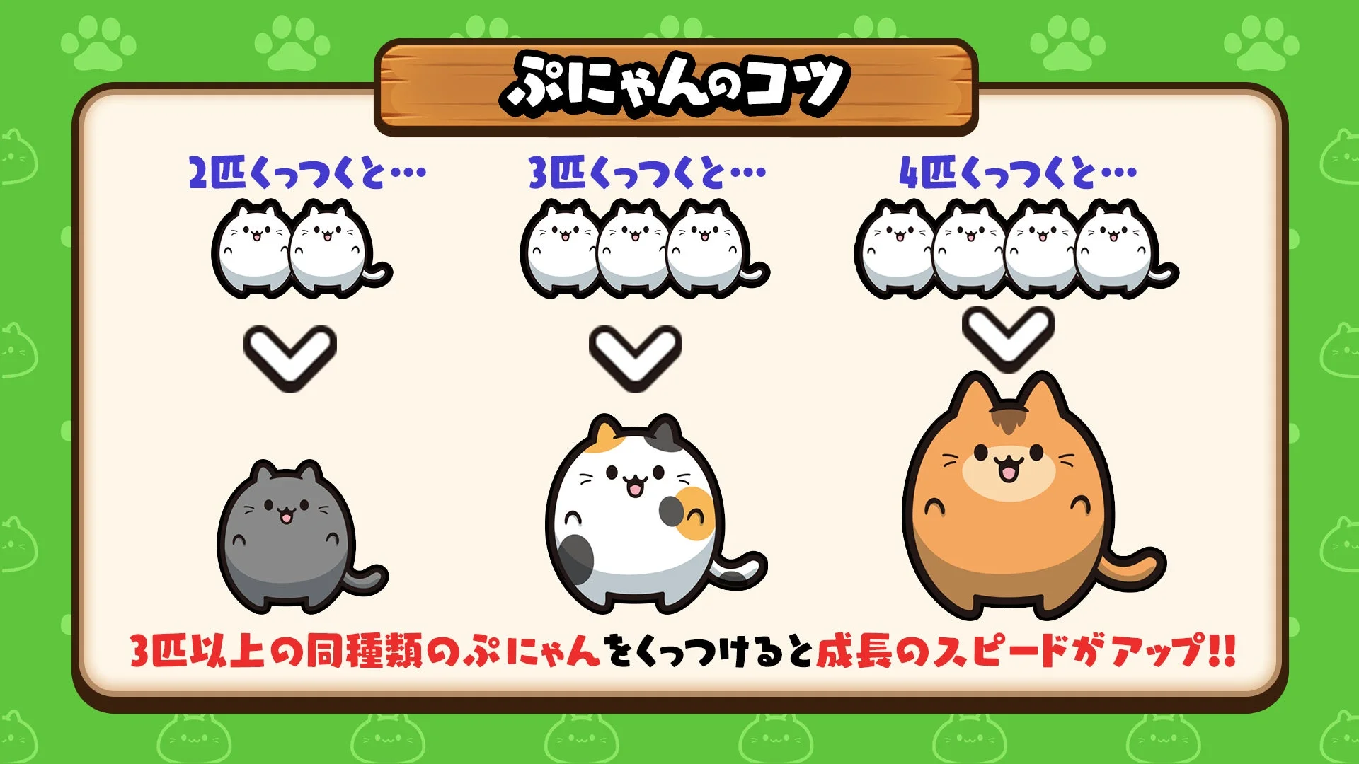 3匹以上の同種類のぷにゃんをくっつけると成長のスピードがアップ!!