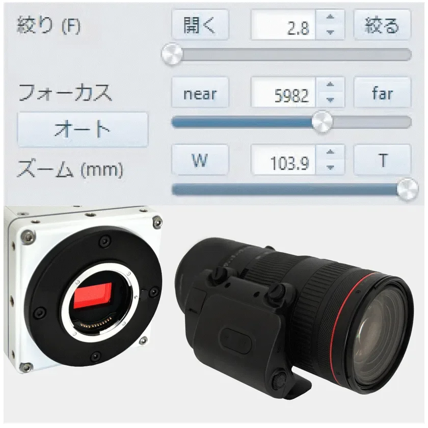 カメラ設定を調整するユーザーインターフェースとレンズ