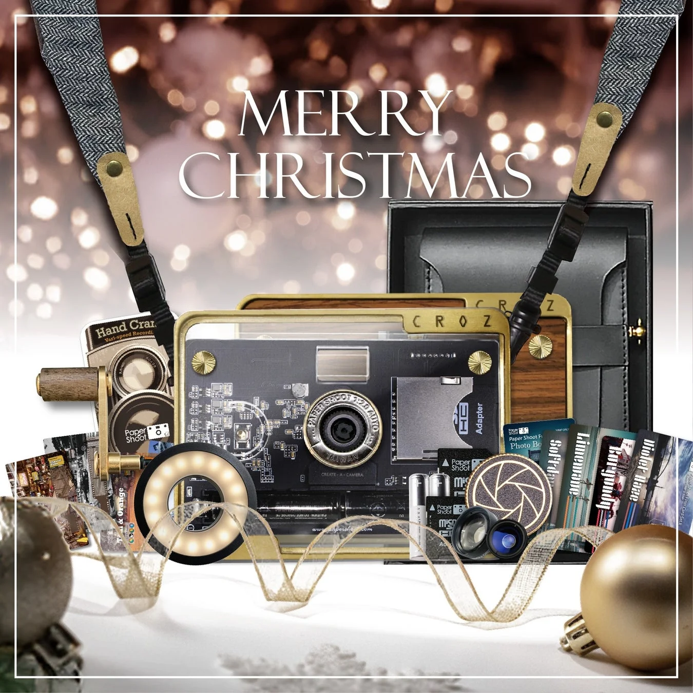 「メリークリスマス」の文字と温かいボケの光が特徴的な画像です