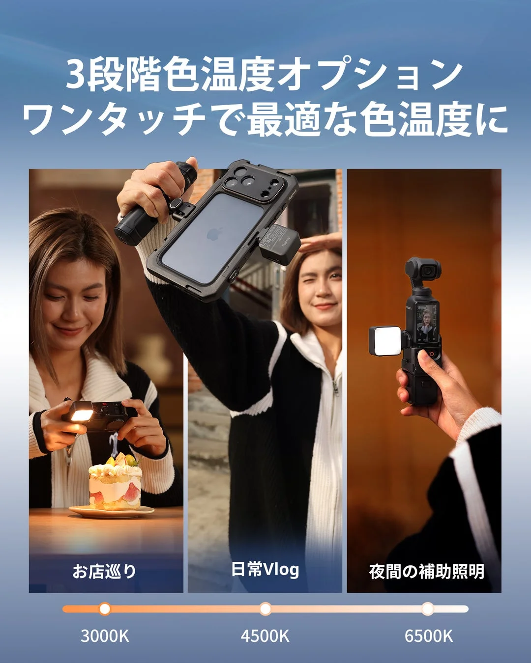 3段階の色温度を持つポータブル補助照明デバイス