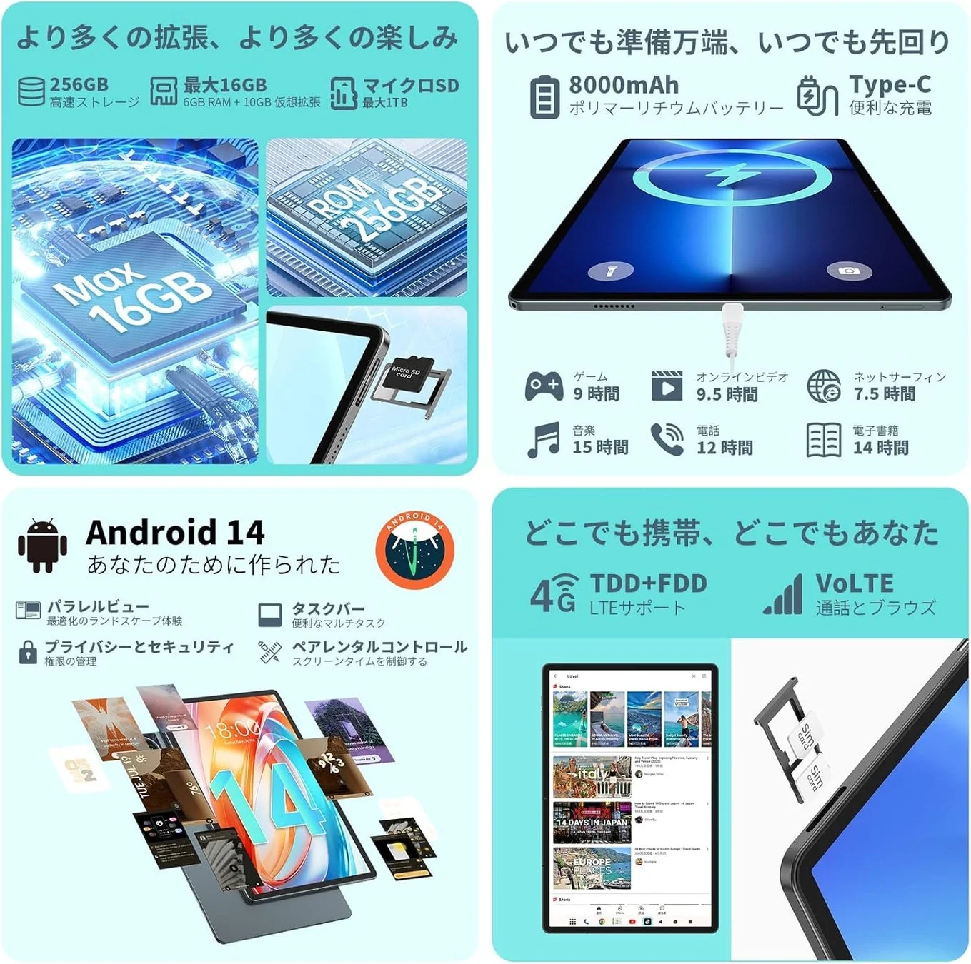 バッテリー・Android 14・4G LTE