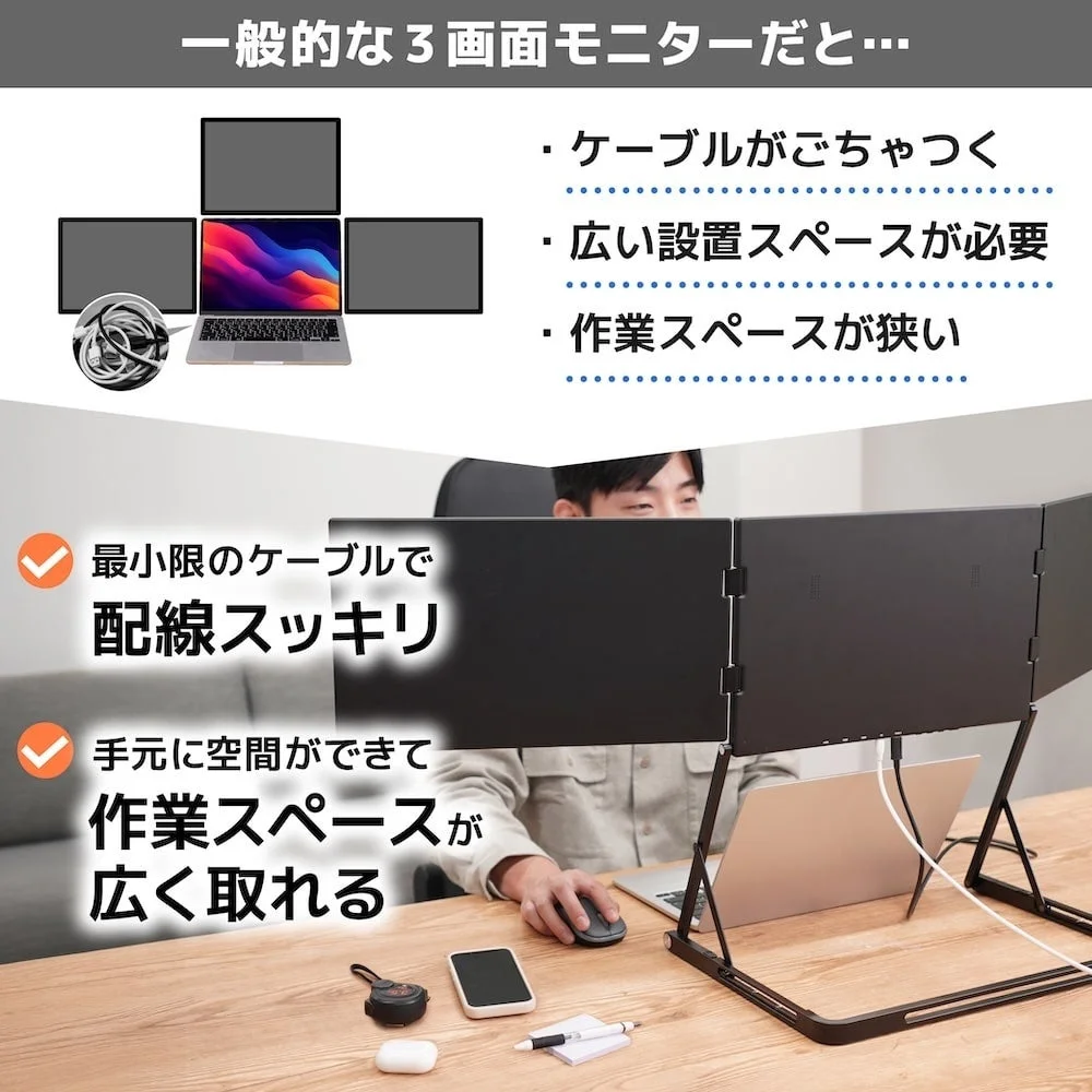 最小限のケーブルで配線がすっきりする様子