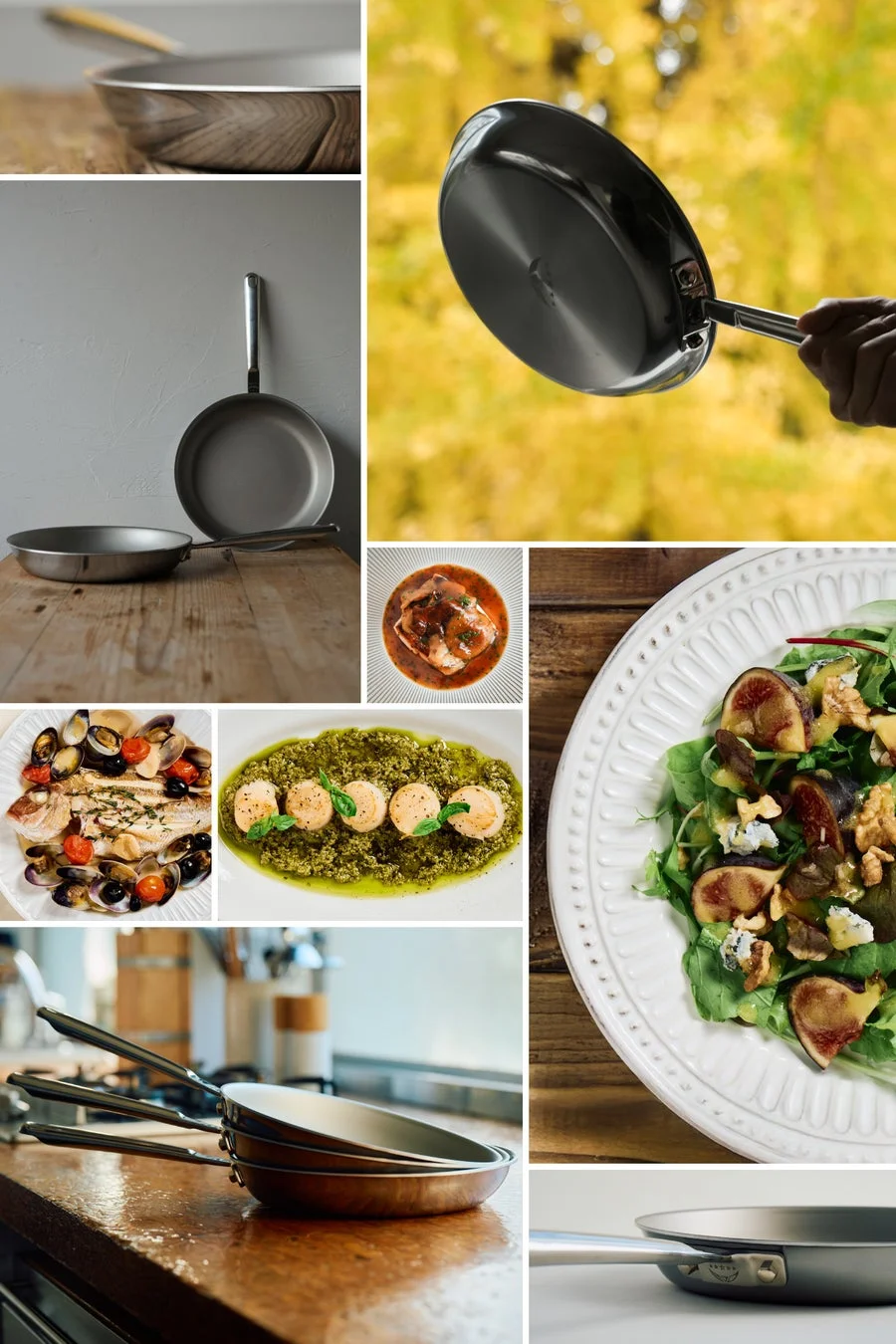 美しいフライパンと料理のコラージュ