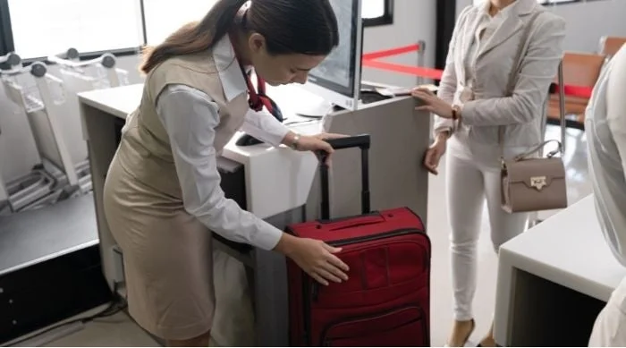 空港のチェックインカウンターで、制服を着たスタッフが乗客の赤いスーツケースを扱っている様子が映っています。旅行の準備や手荷物検査の場面を捉えた一枚です。