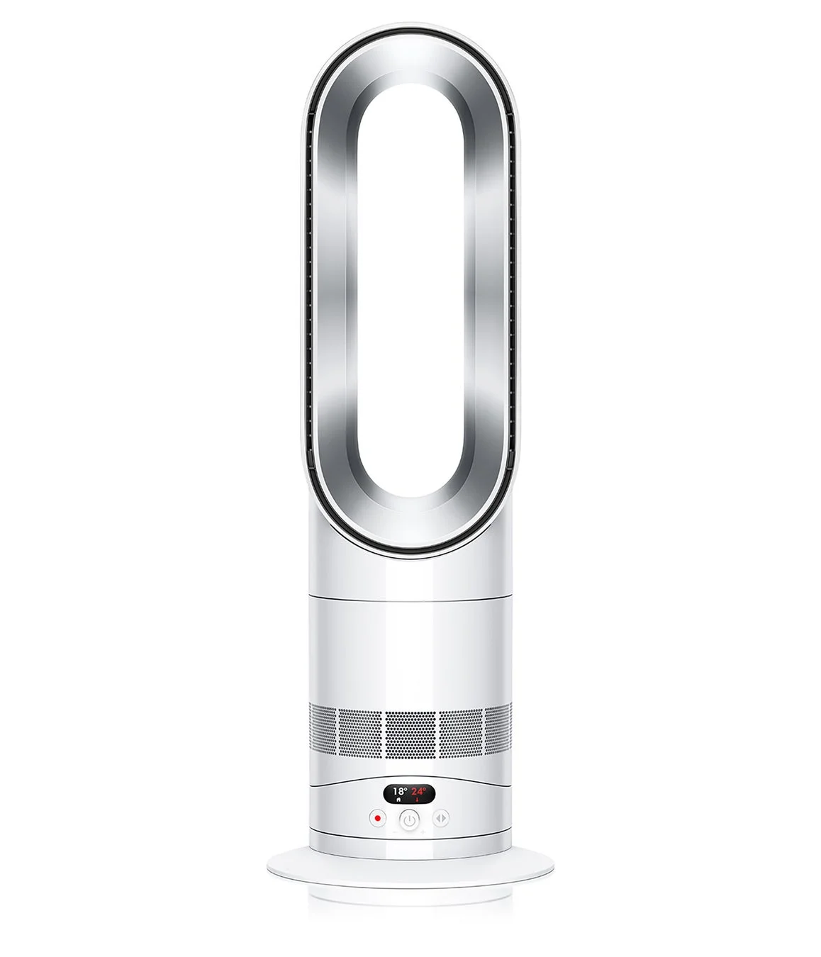 白い背景に置かれた、モダンでスタイリッシュな白いダイソンの羽根なし扇風機兼ヒーター。下部にはデジタル表示で「18° 24°」と表示されており、電源と風量調整のアイコンが見えます。