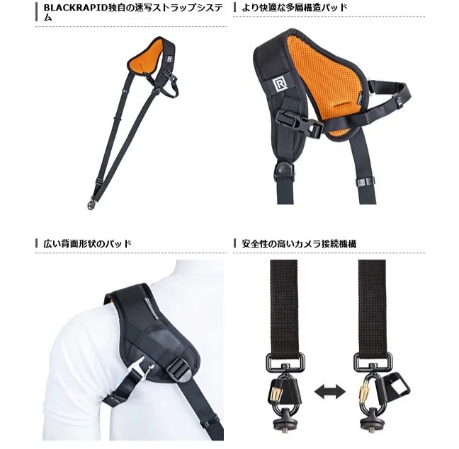BLACKRAPID独自の速写ストラップシステム、より快適な多層構造パッド、広い背面形状のパッド、安全性の高いカメラ接続機構