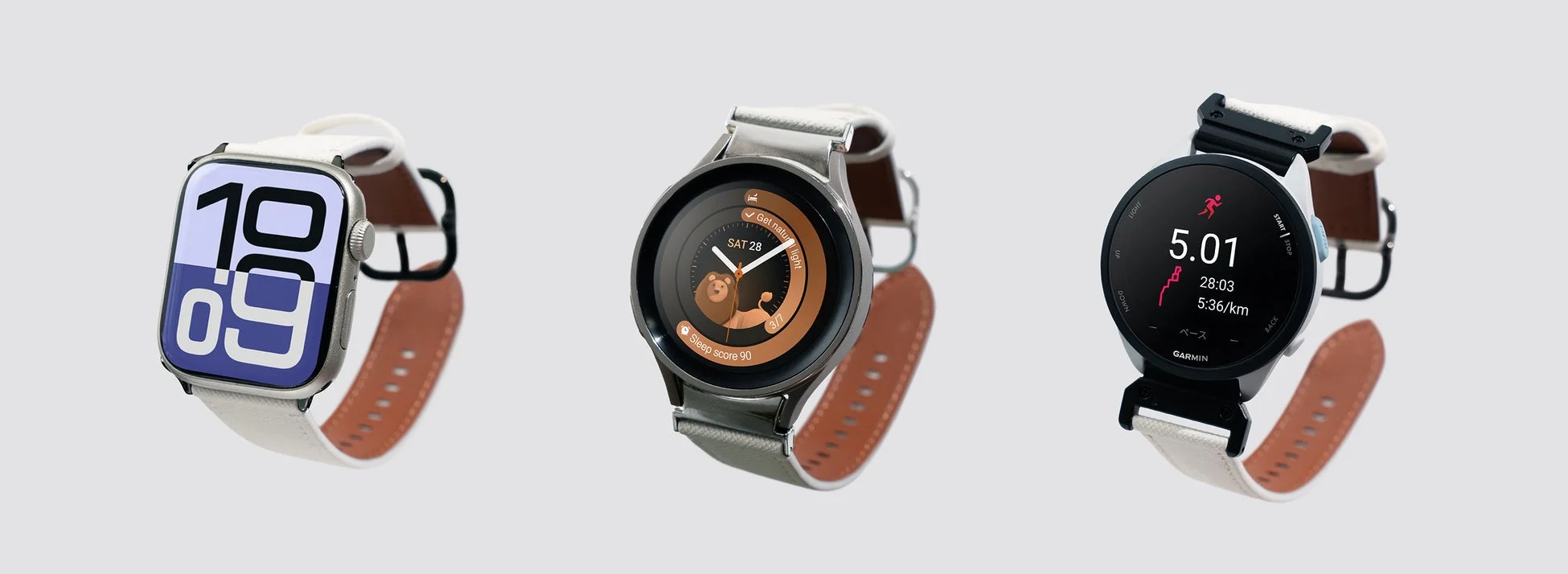 レザーバンドのスマートウォッチが並ぶ画像