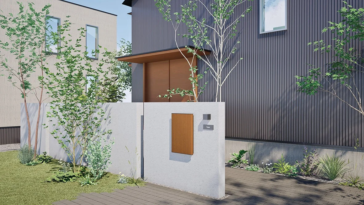 現代的なデザインの住宅外観と庭園