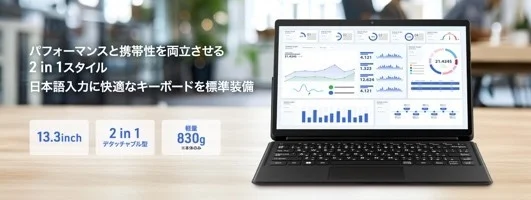 データ分析グラフが表示された2in1ノートPC