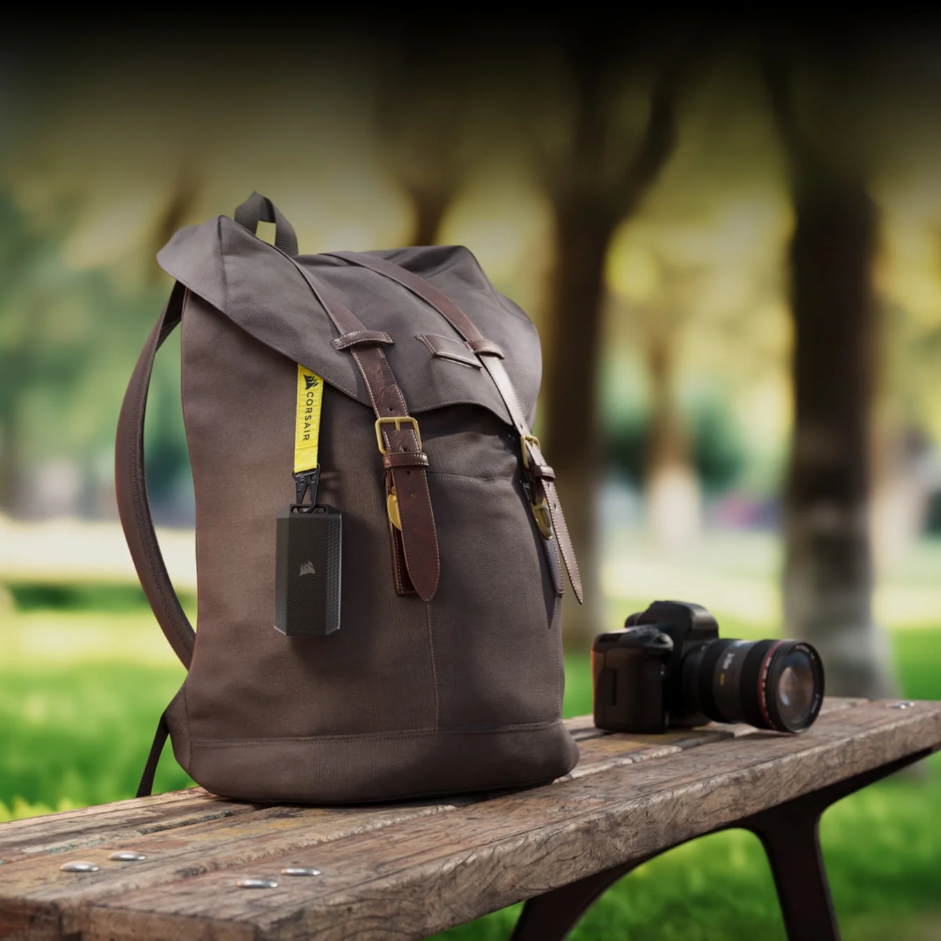 リュックサックとカメラの横に置かれた外付けSSD