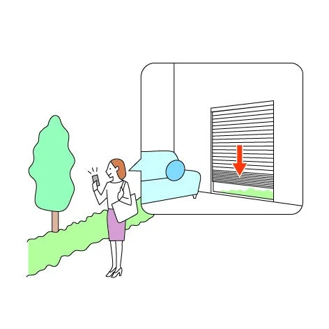 スマートフォンでシャッターを遠隔操作する女性のイラスト