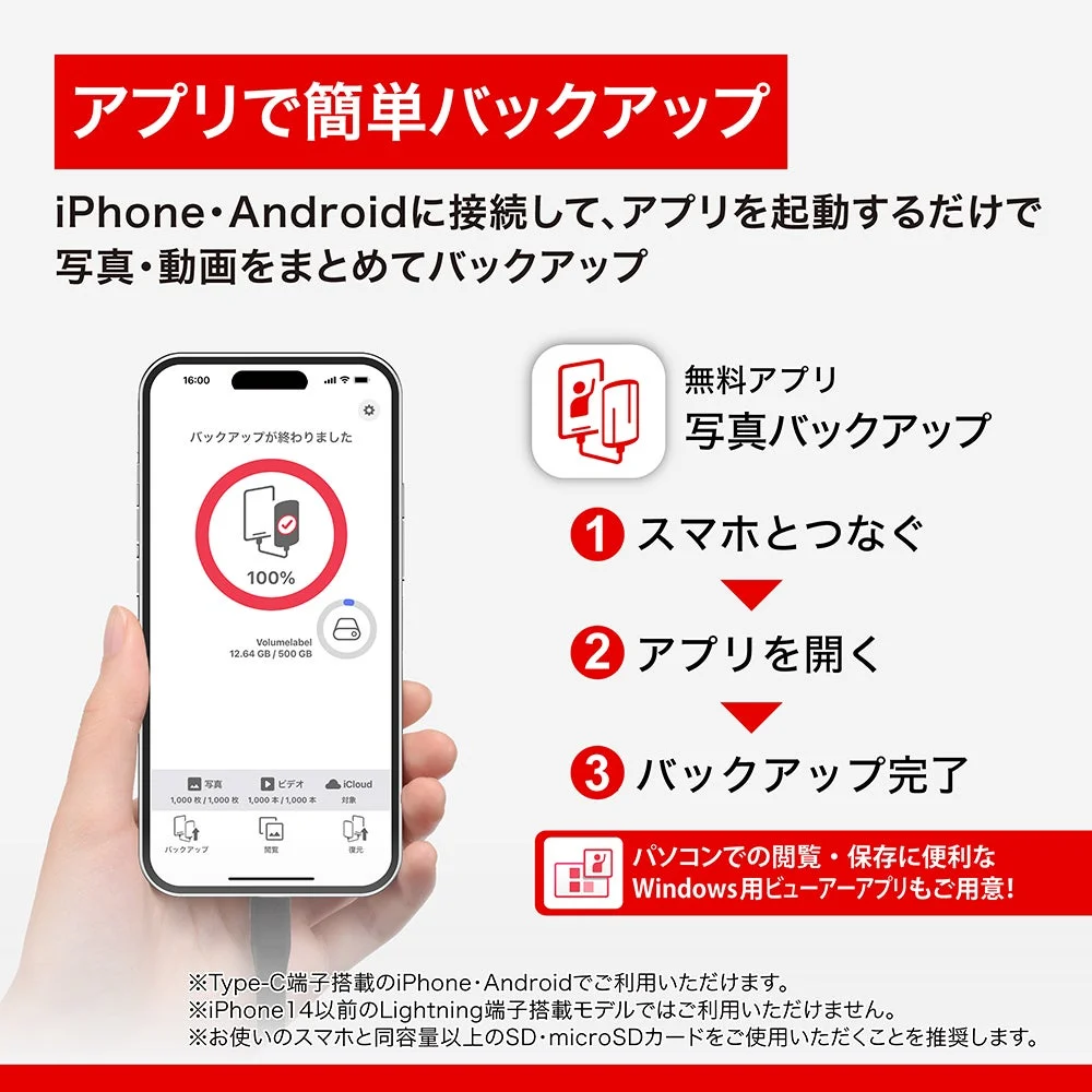 アプリで簡単バックアップ iPhone・Androidに接続して、アプリを起動するだけで写真・動画をまとめてバックアップ