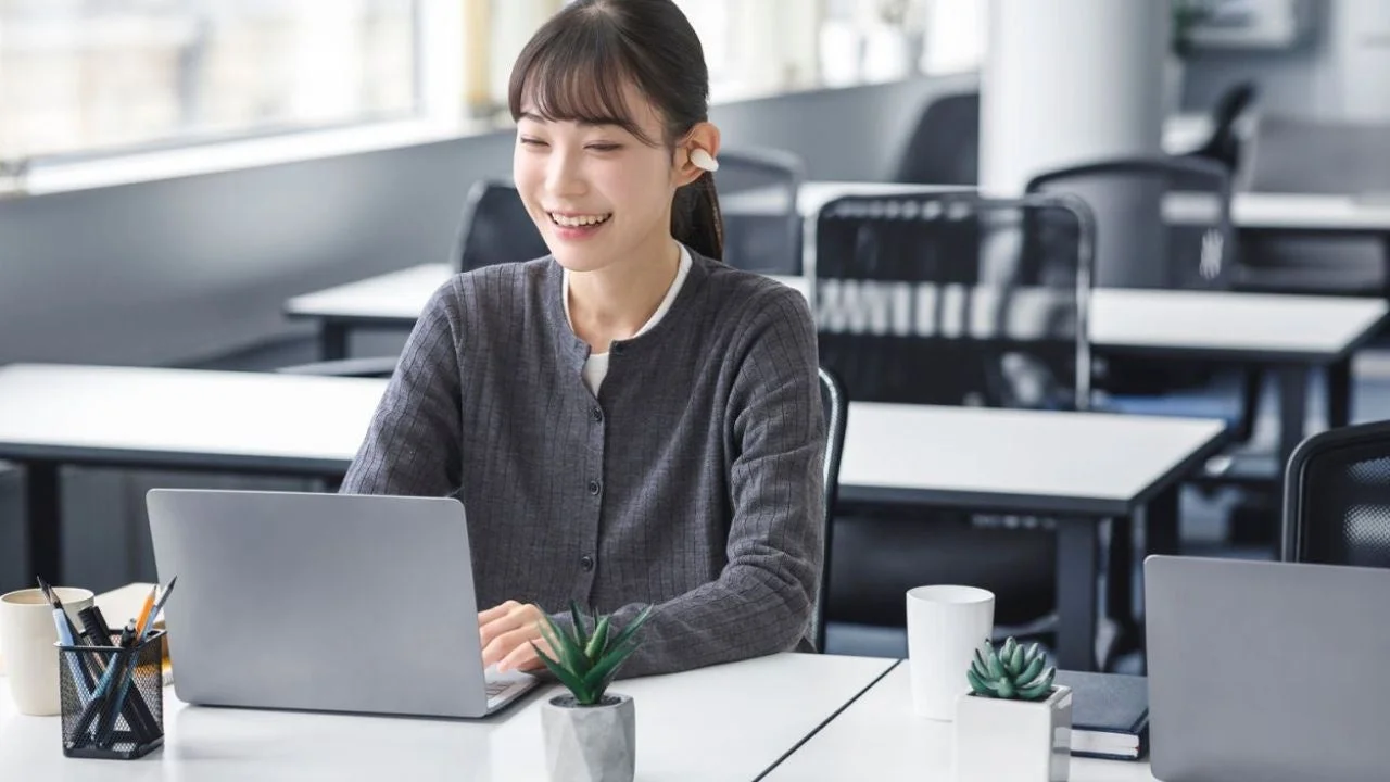 オフィスでノートパソコンを操作しながらイヤホンを装着している女性の画像