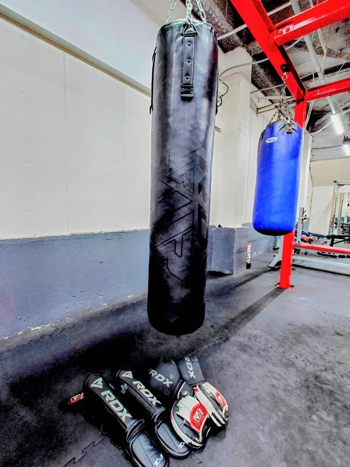 ジムの一角で、黒いサンドバッグと青いサンドバッグが吊るされています。