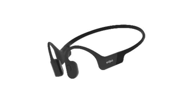 白い背景に置かれた黒い骨伝導イヤホン