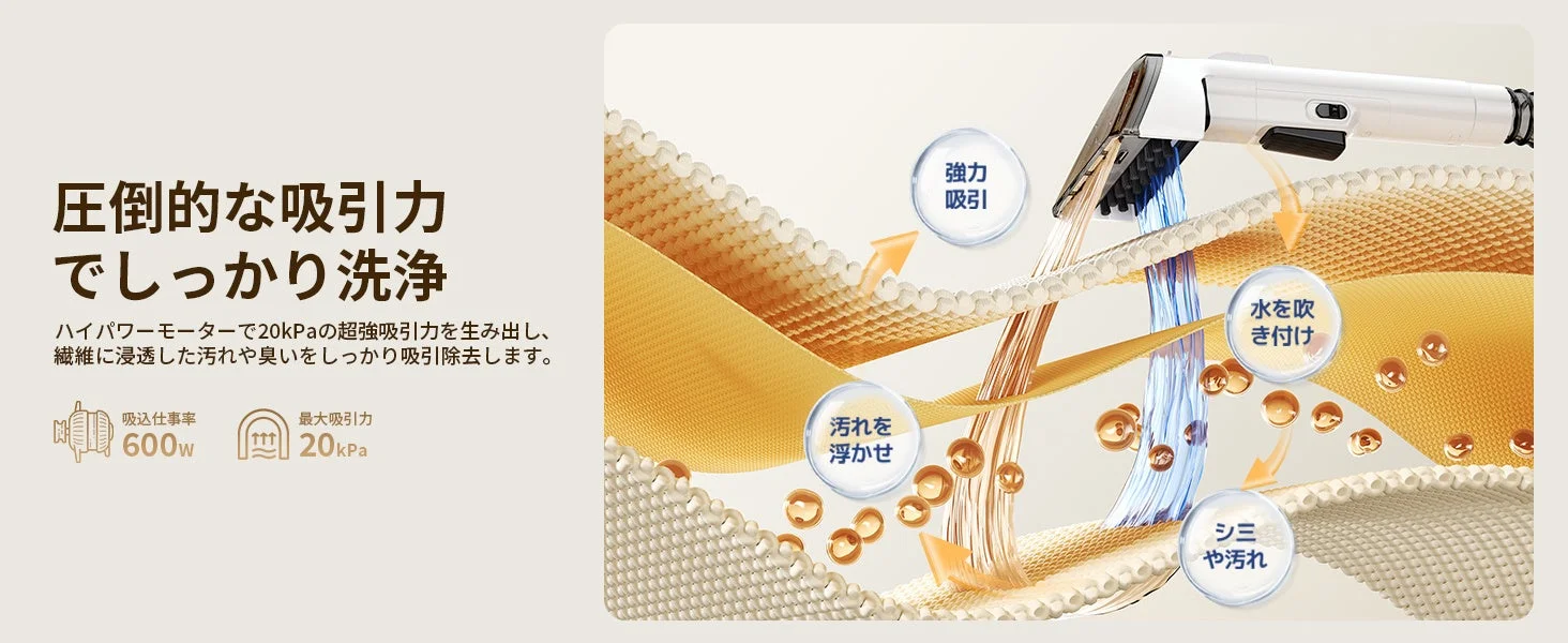 強力な吸引力で繊維の汚れや臭いをしっかり洗浄するクリーナーの機能を紹介