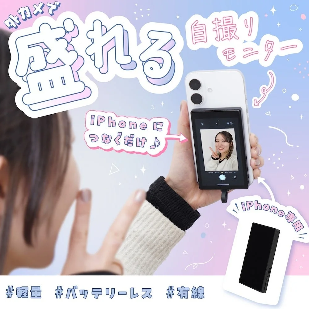 iPhoneに接続して使う自撮り用モニターを紹介する画像です。女性がiPhoneとモニターを持ち、モニターには自撮り中の女性の顔が映っています。軽量・バッテリーレス・有線接続が特徴です。