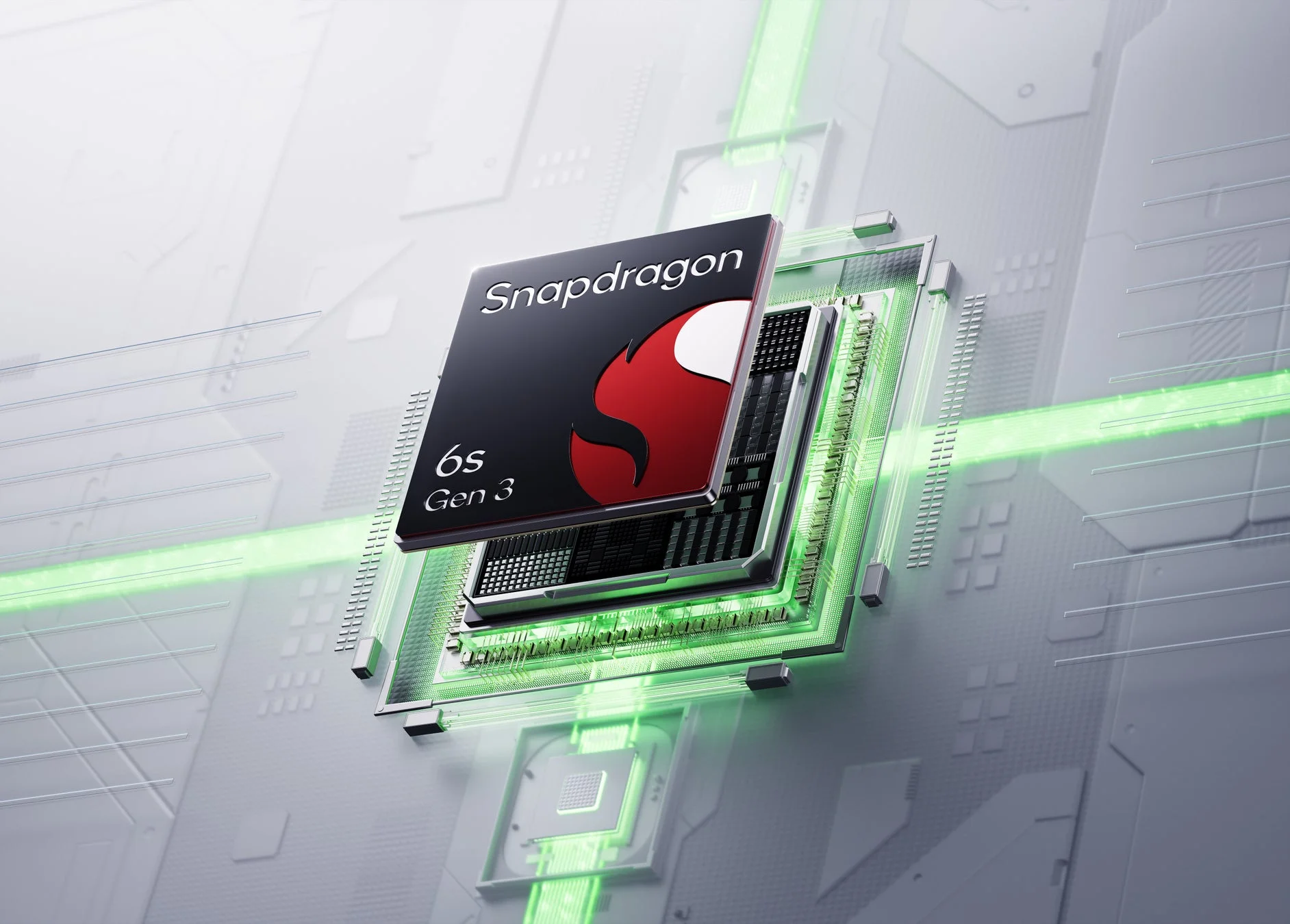 Snapdragon 6s Gen 3チップのクローズアップ