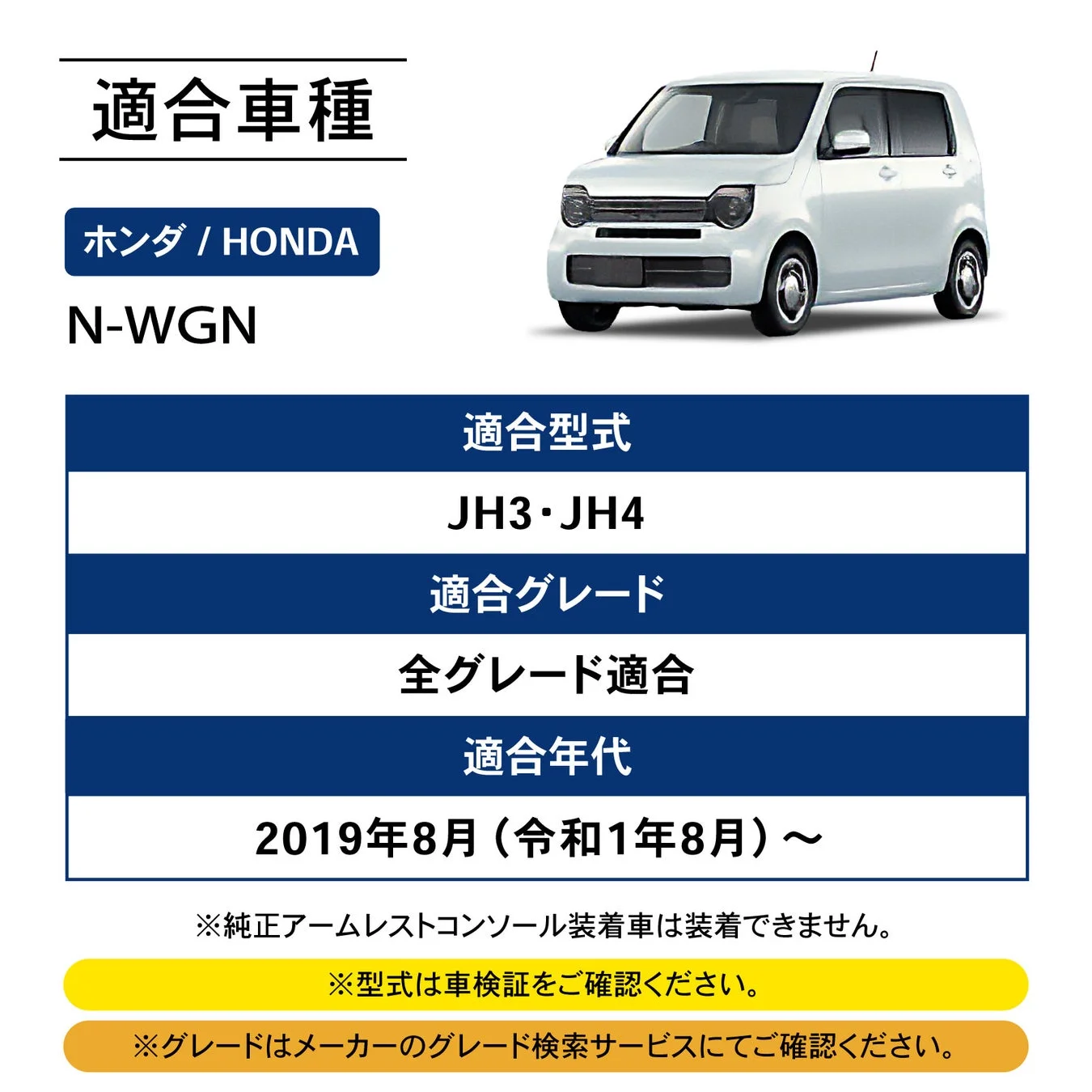 ホンダN-WGNの適合車種情報を示す画像です。適合型式はJH3・JH4、全グレード、適合年代は2019年8月(令和元年8月)以降と明記されています。純正アームレストコンソール装着車には装着できない旨の注意書きがあり、型式とグレードの確認方法も記載されています。