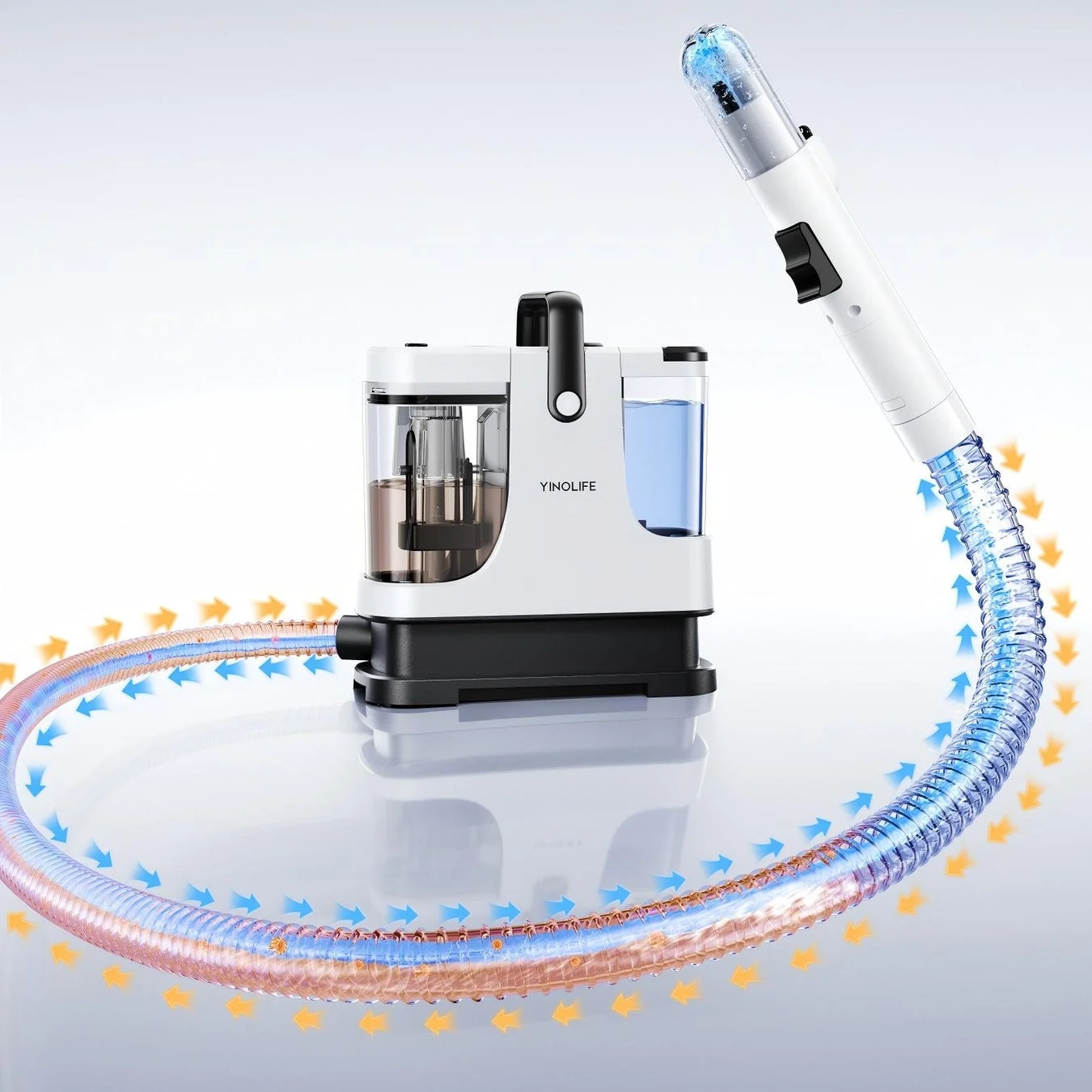 白い本体に透明な水槽が付いたヘアドライヤーのようなデバイスが写っています。ホースからは温風と冷風が交互に流れる様子が矢印で示されており、多機能なヘアケア製品であることが示唆されています。