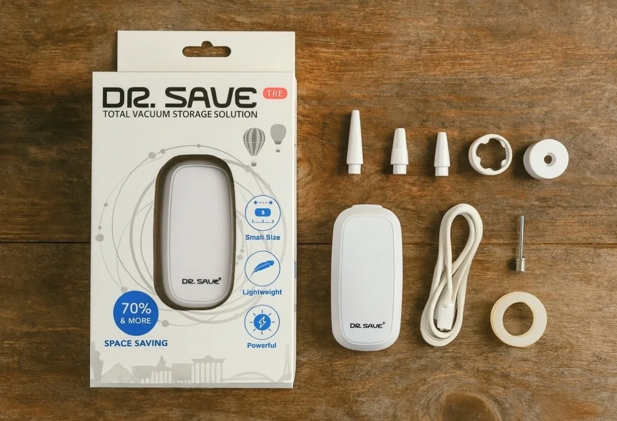 画像には、小型の電動真空ポンプ「DR. SAVE」の製品パッケージと、本体、充電ケーブル、様々なアタッチメントが木製のテーブルに並べられています。この製品は、衣類などの収納を70%以上節約できることを特徴としており、小型、軽量、パワフルな性能を持っています。