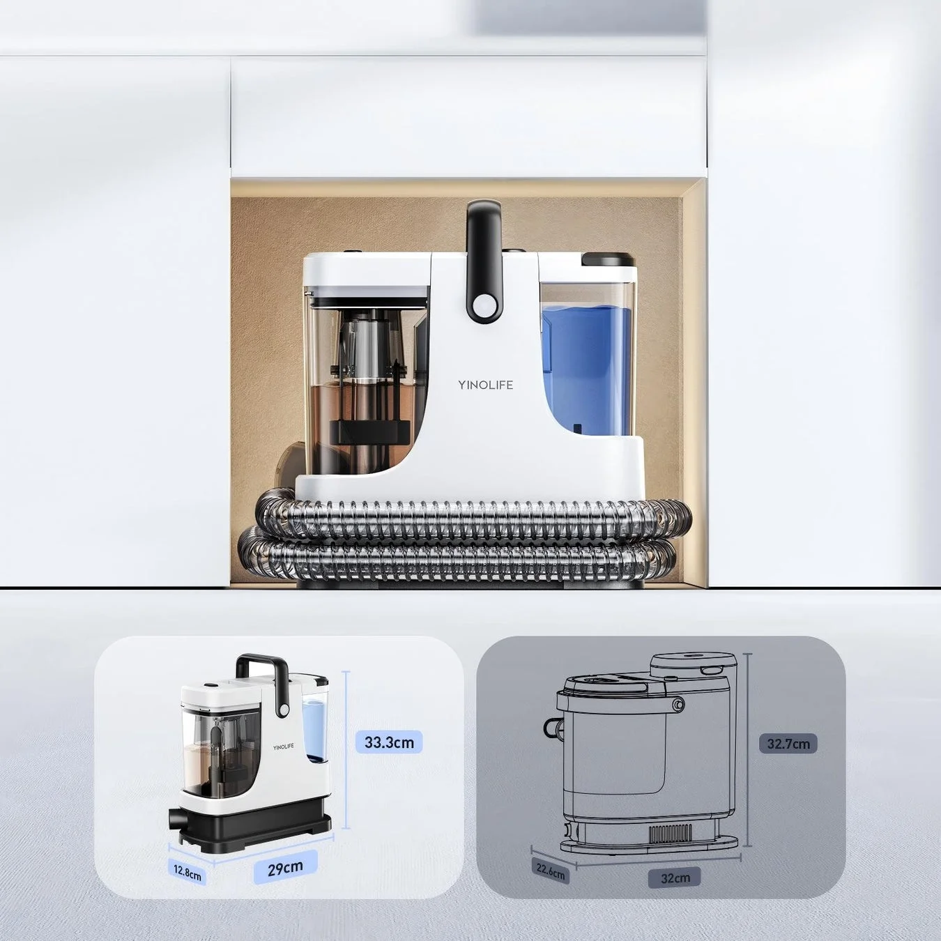 YINOLIFE製のポータブルクリーナーの製品写真です。青い液体が入った水タンクと汚水タンクが見え、製品の具体的な寸法と図面が示されています。