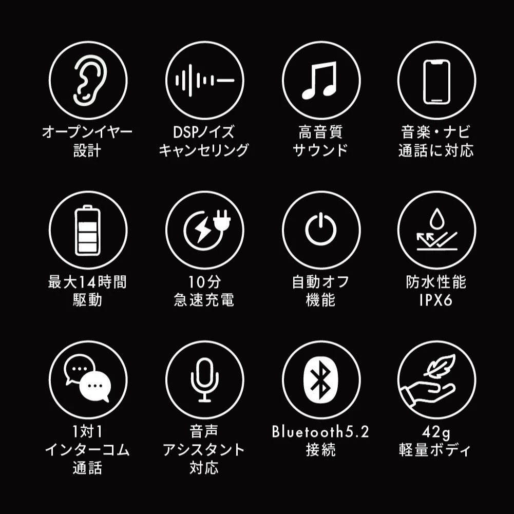 オープンイヤー設計 DSPノイズキャンセリング 高音質サウンド 音楽・ナビ通話に対応 最大14時間駆動 10分急速充電 自動オフ機能 防水性能 IPX6 1対1 インターコム通話 音声アシスタント対応 Bluetooth5.2 接続 42g 軽量ボディ