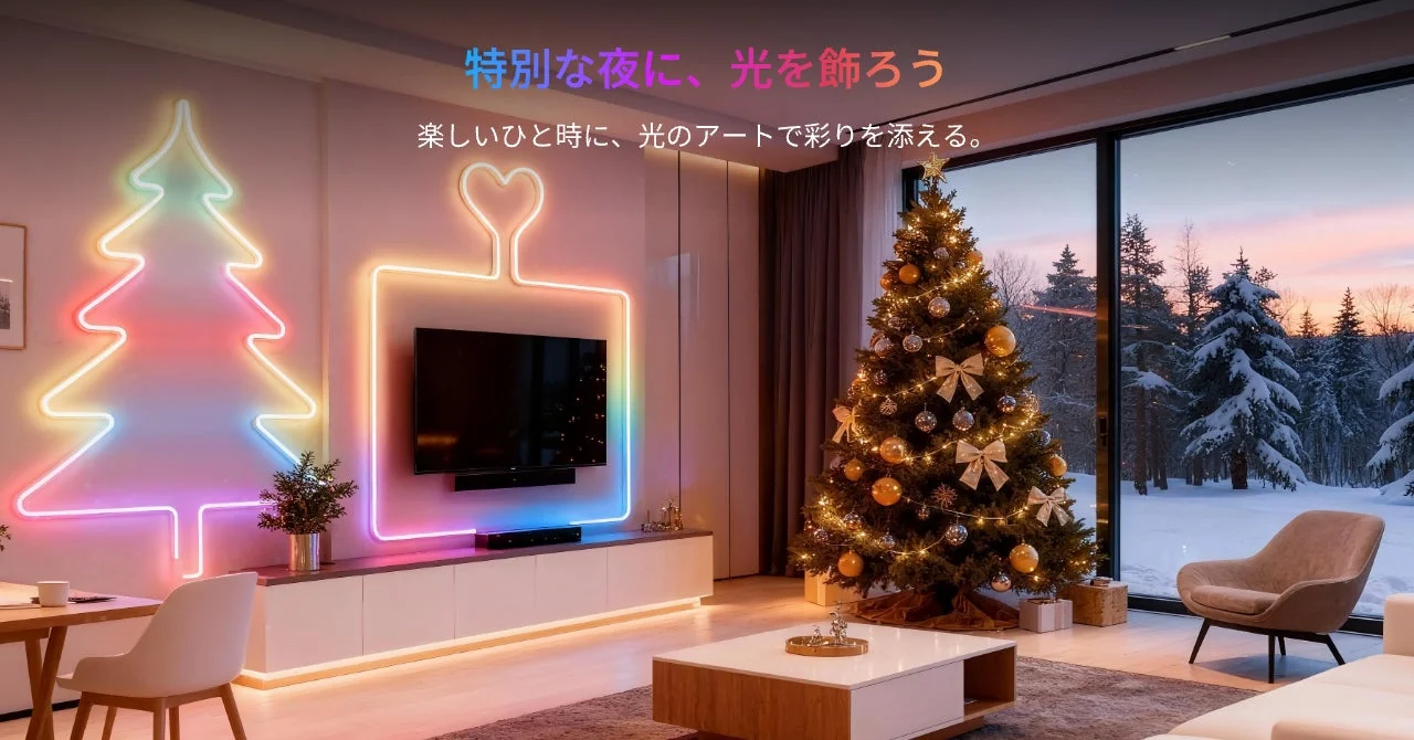 クリスマスシーズンにぴったりの、カラフルなネオンライトと装飾されたクリスマスツリーが特徴的なモダンなリビングルーム