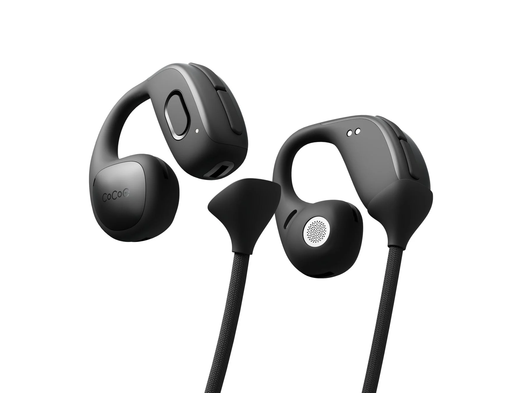白い背景に黒いフック型イヤホン